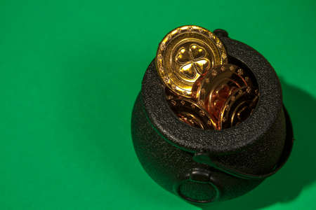 St Patricks Day Pot of Gold and over a green backgroundの写真素材