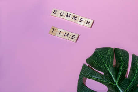 Top view summer time lettering of alphabet wooden blocks on pink background with leaf of monsteraの写真素材