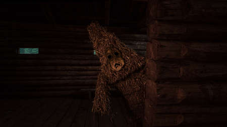 scary abandoned village house with a monster. Halloween themed photo