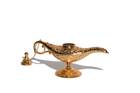 arabian old oil lamp isolated on white background. magical mysterious aladdin lamp