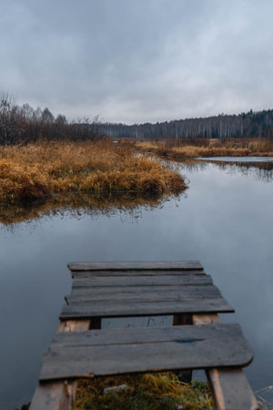 Old rustic wooden jetty on a tranquil lake with wild grasses on the bank and reflections on the water.の写真素材