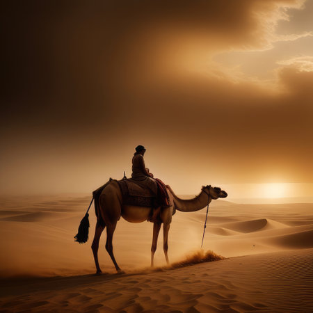 Arabian man with camel in the desert at sunset. 3d renderingの素材