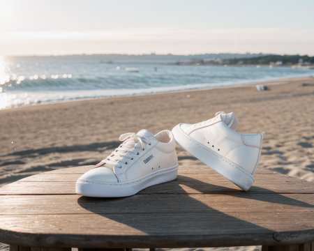 White sneakers on a wooden surface against the background of the sea.の素材