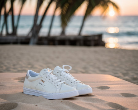 White sneakers on the sand near the sea and palm trees at sunset.の素材