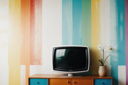 TV on the chest of drawers in a room with colorful wallの素材