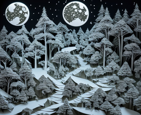 Papercut illustration of winter forest with moon and stars in the skyの素材