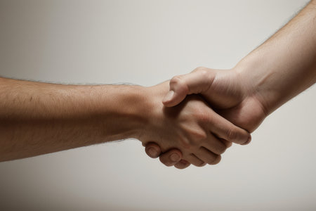 Handshake of two men on a gray background. Close-up.の素材