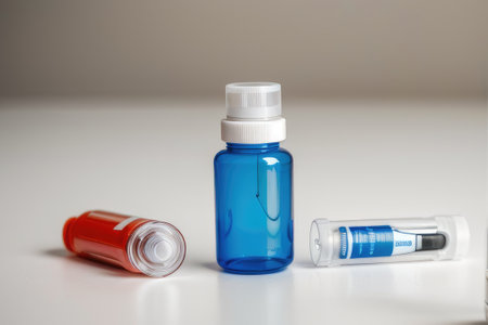 Medicine bottles with ampoules and syringe on white backgroundの素材