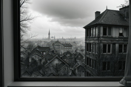 A view of the city of Edinburgh from the window of a buildingの素材