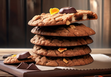 Chocolate chip cookies on a wooden board with chocolate candies.の素材