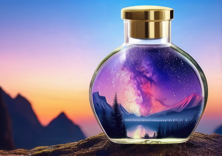 Magic potion in bottle with mountains and forest at sunset. 3D renderingの素材