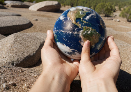 Hands holding a globe in front of a stone wall in the desertの素材