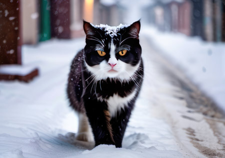 Beautiful black and white cat on the street in winter with snowの素材