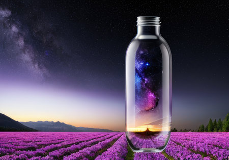 Cosmos in a glass bottle against the background of the night skyの素材