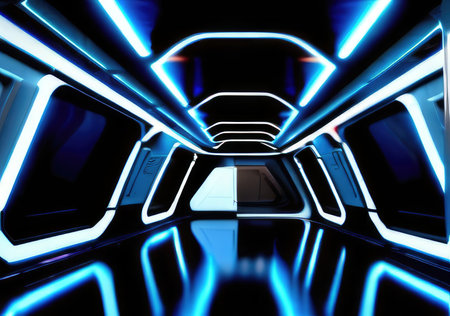 Futuristic corridor with glowing neon lights. 3D rendering.の素材