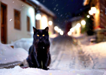 A black cat sits on the snow in the city at night.の素材
