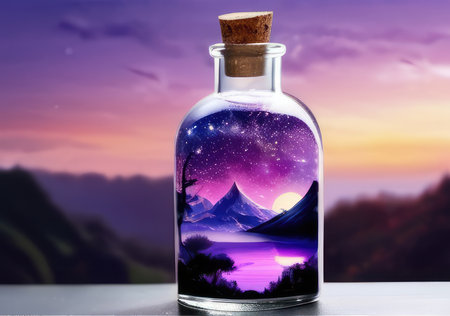 Beautiful magic potion in a bottle with mountain landscape on background.の素材
