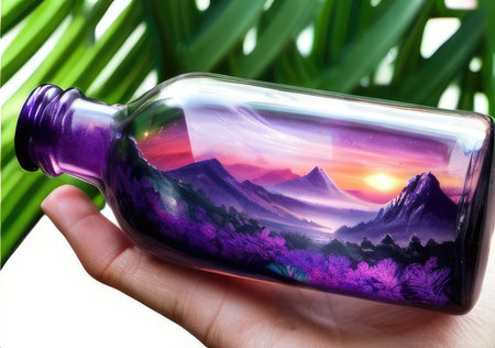 A bottle of magic potion with a mountain landscape in the background.の素材