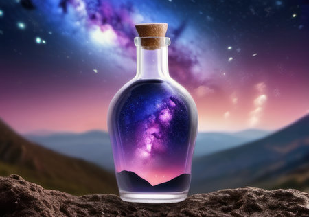 Magic potion in a bottle with the image of a starry skyの素材