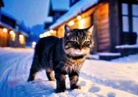 Beautiful cat on a background of a winter street at night.の素材