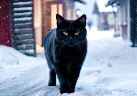 Black cat on the street in the winter in a snowy city.の素材