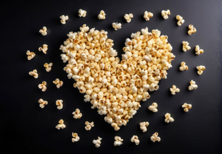 Heart shaped popcorn on black background. Top view, flat lay. Popcorn Dayの素材