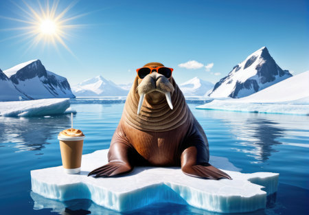 walrus sitting on ice floe and drink cappuccinoの素材