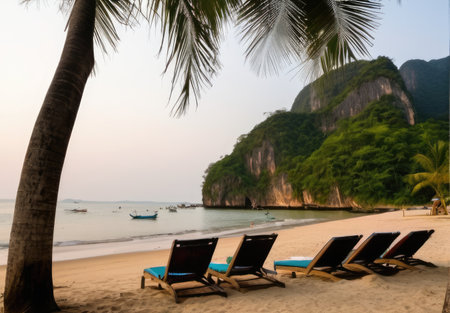 Beach chairs and palm trees on Ao Nang beach, Krabi, Thailand. Nothing Dayの素材