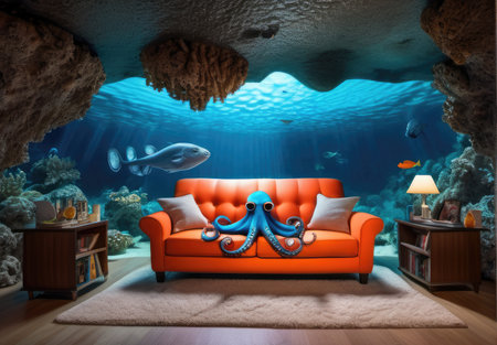 Underwater scene with octopus and sofa. 3D rendering.の素材