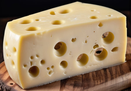 Cheese collection, piece of Swiss medium-hard cheese emmental made from cow milk close up. Cheese Lovers Dayの素材
