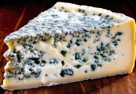 Blue cheese with mold on a wooden board. Selective focus. Cheese Lovers Dayの素材