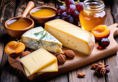 Cheese collection, various types of cheese with honey and nuts on wooden background. Cheese Lovers Dayの素材