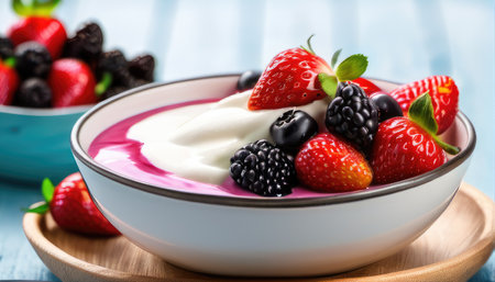 Yogurt with fresh berries in a bowl on blue wooden background.の素材