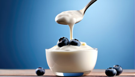 yogurt with fresh blueberries on blue background, closeupの素材