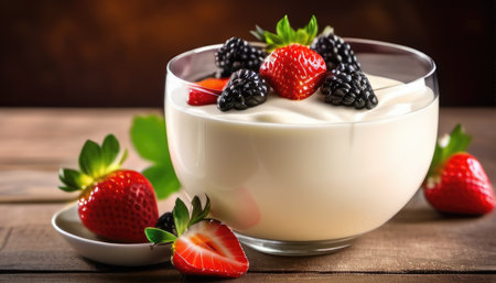 yogurt with fresh berries in a glass bowl on wooden backgroundの素材