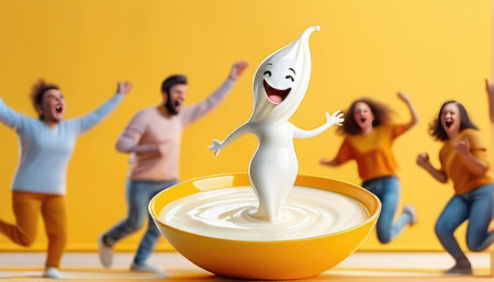 Happy group of people having fun while eating yoghurt in bowlの素材