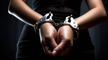 Woman hands in handcuffs on black background, close-up. Criminal concept.の素材