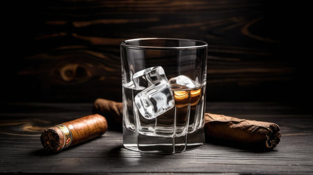 Glass of whiskey with ice cubes and cuban cigar on wooden backgroundの素材