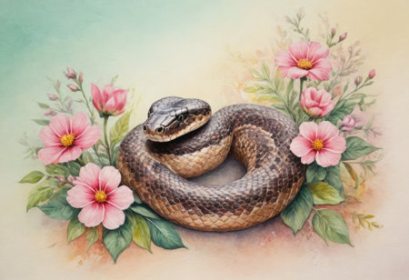 A snake rests coiled amidst pink flowers and greenery with a serene, artistic backdrop.の素材