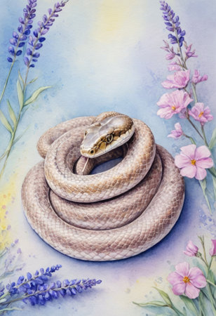 A beige snake coiled elegantly among lavender and pink flowers on a pastel backdrop.の素材