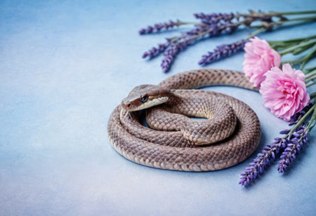 A beige snake coiled elegantly among lavender and pink flowers on a pastel backdrop.の素材