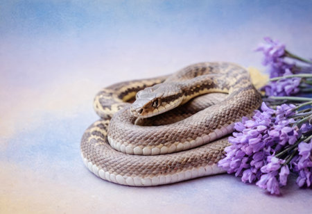 A beige snake coiled elegantly among lavender and pink flowers on a pastel backdrop.の素材