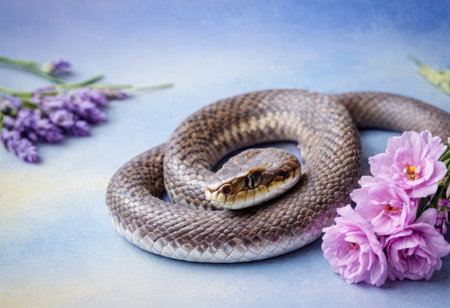 A beige snake coiled elegantly among lavender and pink flowers on a pastel backdrop.の素材