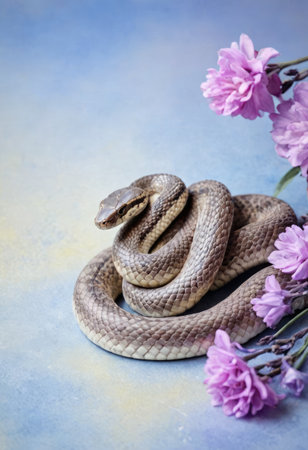 A beige snake coiled elegantly among lavender and pink flowers on a pastel backdrop.の素材