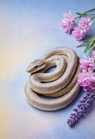 A beige snake coiled elegantly among lavender and pink flowers on a pastel backdrop.の素材