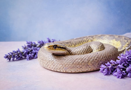 Coiled beige snake with lavender and pink flowers on a pastel background. Calm and elegant wildlife illustration, perfect for botanical designs, decor, and educational materials. illustration.の素材