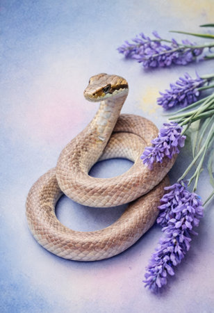 Coiled beige snake with lavender and pink flowers on a pastel background. Calm and elegant wildlife illustration, perfect for botanical designs, decor, and educational materials. illustration.の素材