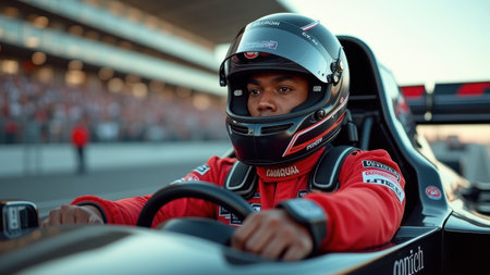 Racing car driver on the road. Close-up portrait of a young African American man driving his carの素材