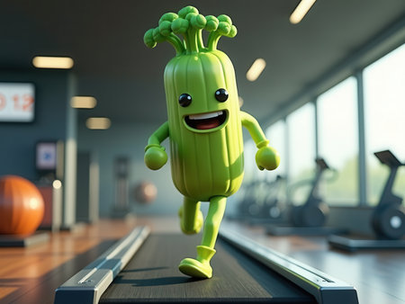 Happy green celery cartoon character running on treadmill, cheerful expression, fitness lifestyle, healthy food mascot for gym, diet, nutrition projects, children educationの素材
