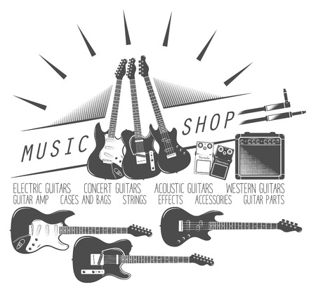set of guitar shop, electric, bass, amp, pedalのイラスト素材